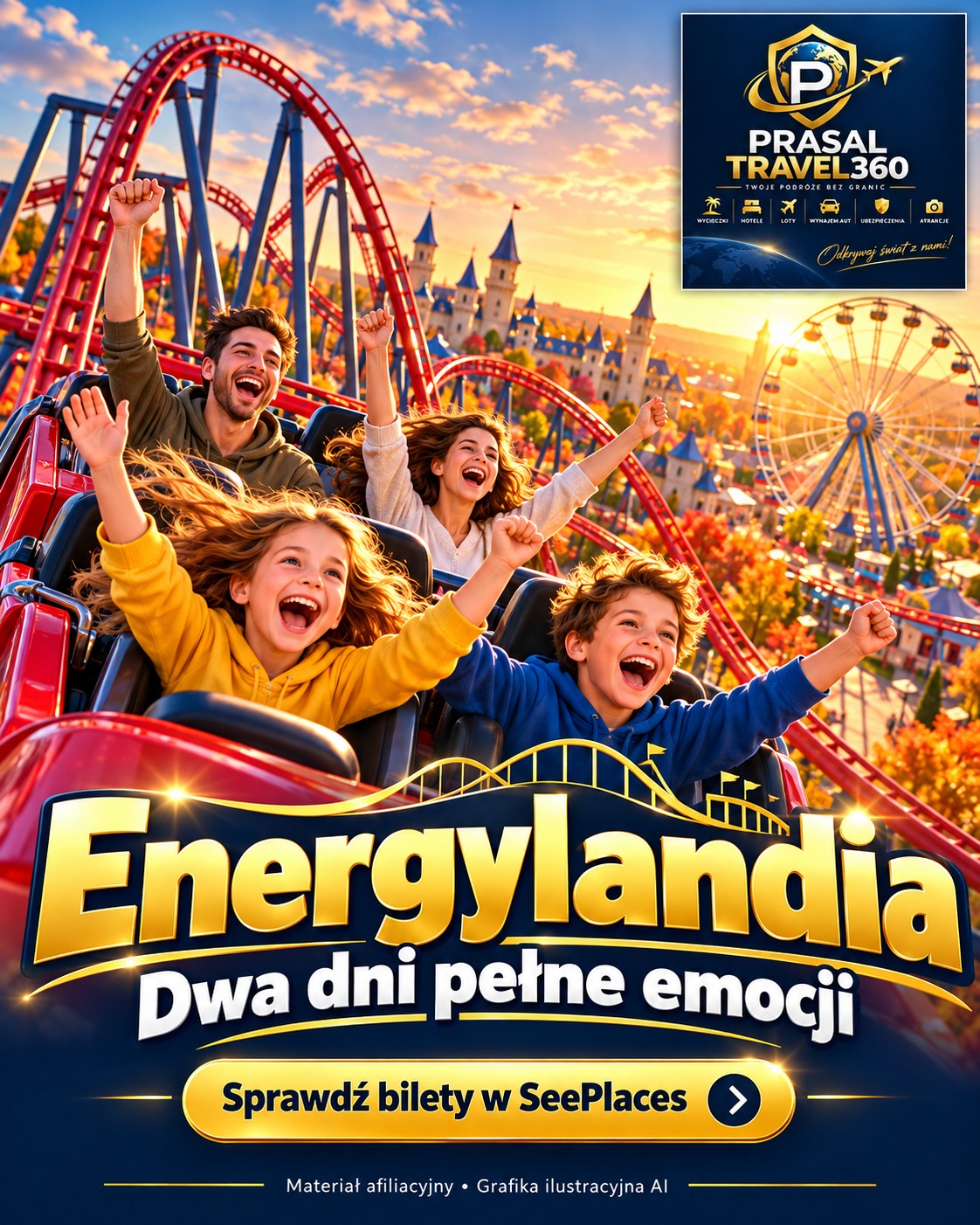 Energylandia — ilustracja rodzinnego wyjazdu do parku rozrywki i oferty biletu dwudniowego