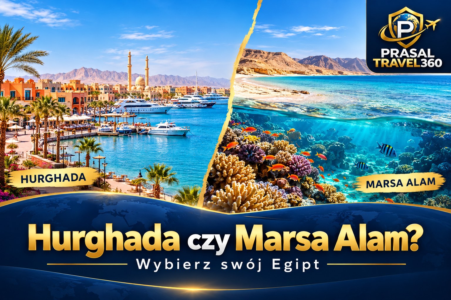 Hurghada czy Marsa Alam — porównanie wakacji w Egipcie, grafika PrasalTravel360